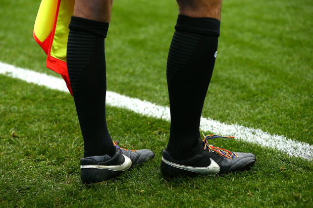WATFORD, ENGLAND - NOVEMBER 27: Rainbow laces are seen on officlas boots during the Premier League match between Watford and Stoke City at Vicarage Road on November 27, 2016 in Watford, England. (Photo by Jordan Mansfield/Getty Images)